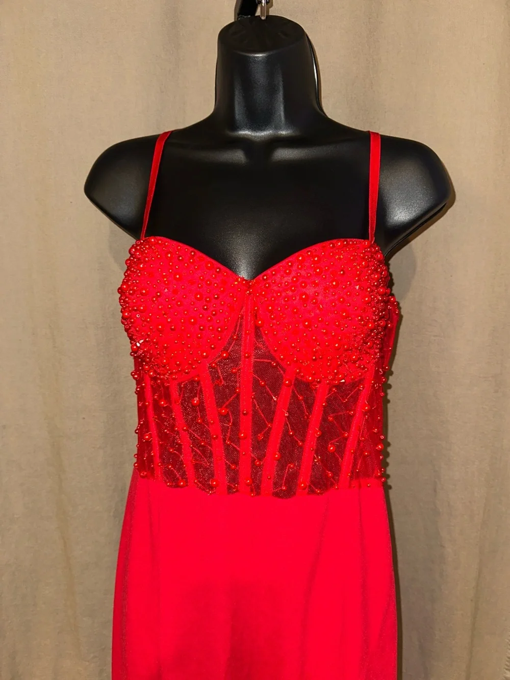 Red Beaded Corset Mermaid Evening Dress
